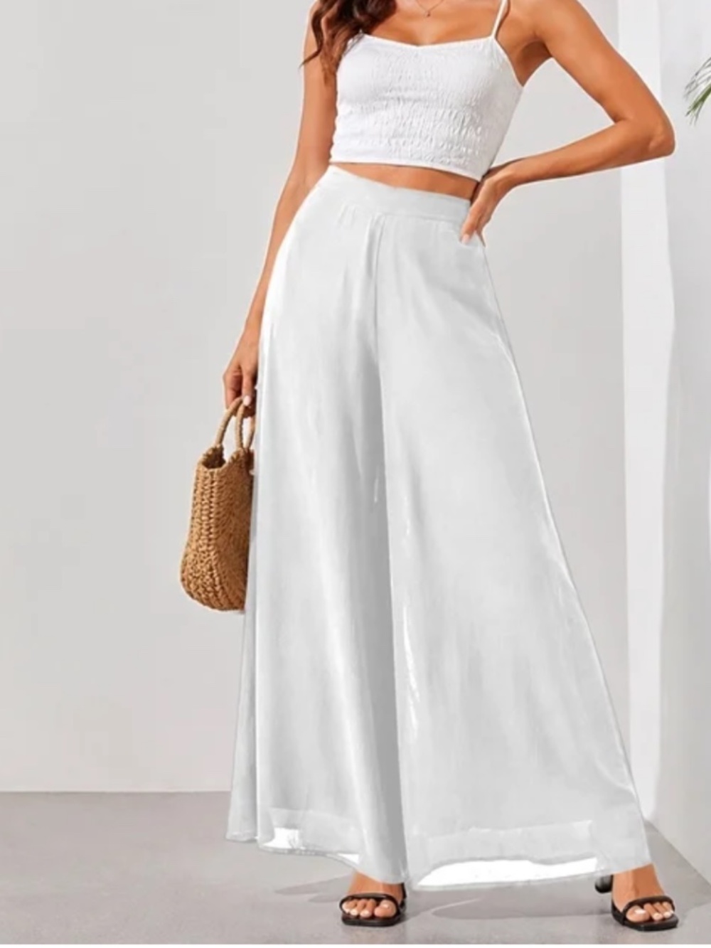 Women's White Wide-Leg Palazzo chiffon boho Pants